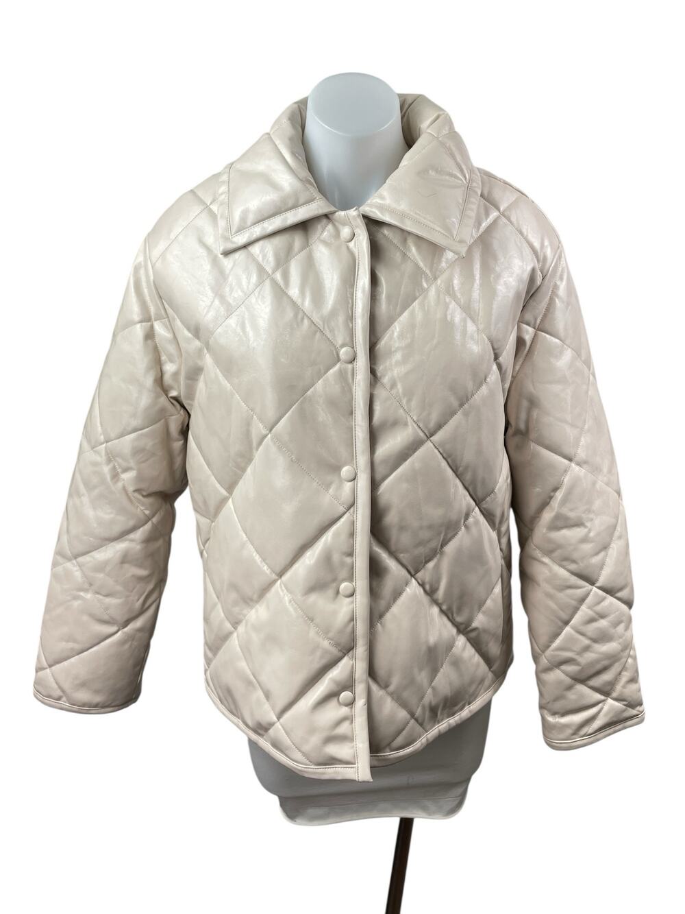 MNG Mango Women's Cream Quilted Faux Leather Long Sleeve Puffer Coat Jacket Sz S